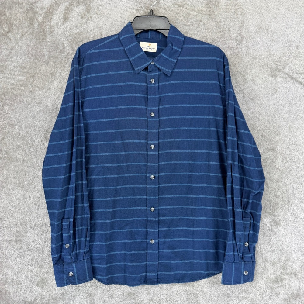Marine Layer Mens Medium Blue Striped Long Sleeve Cotton Button Down Shirt‎